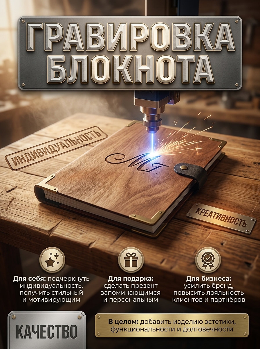 Блокнот деревянный А5 (с гравировкой)